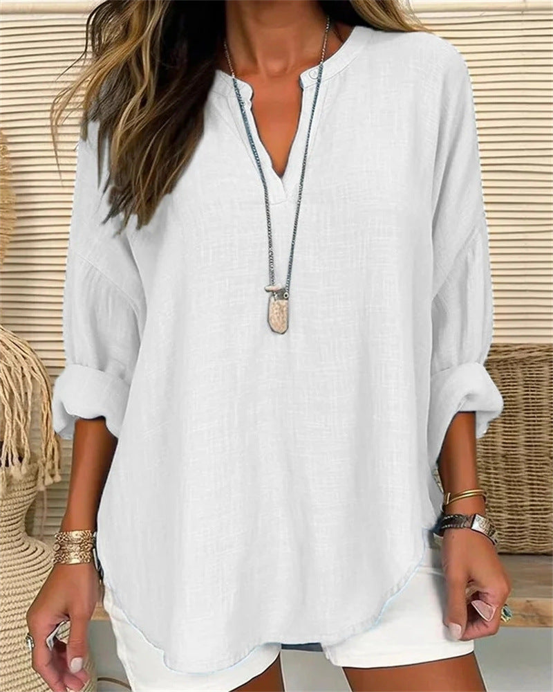 Blusa donna collo alto lino cotone stile casual comodo
