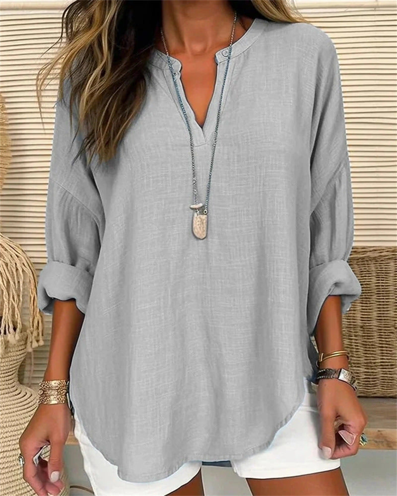 Blusa donna collo alto lino cotone stile casual comodo