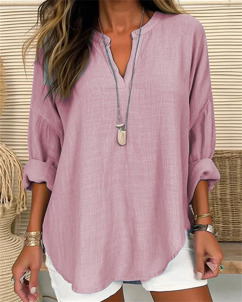 Blusa donna collo alto lino cotone stile casual comodo
