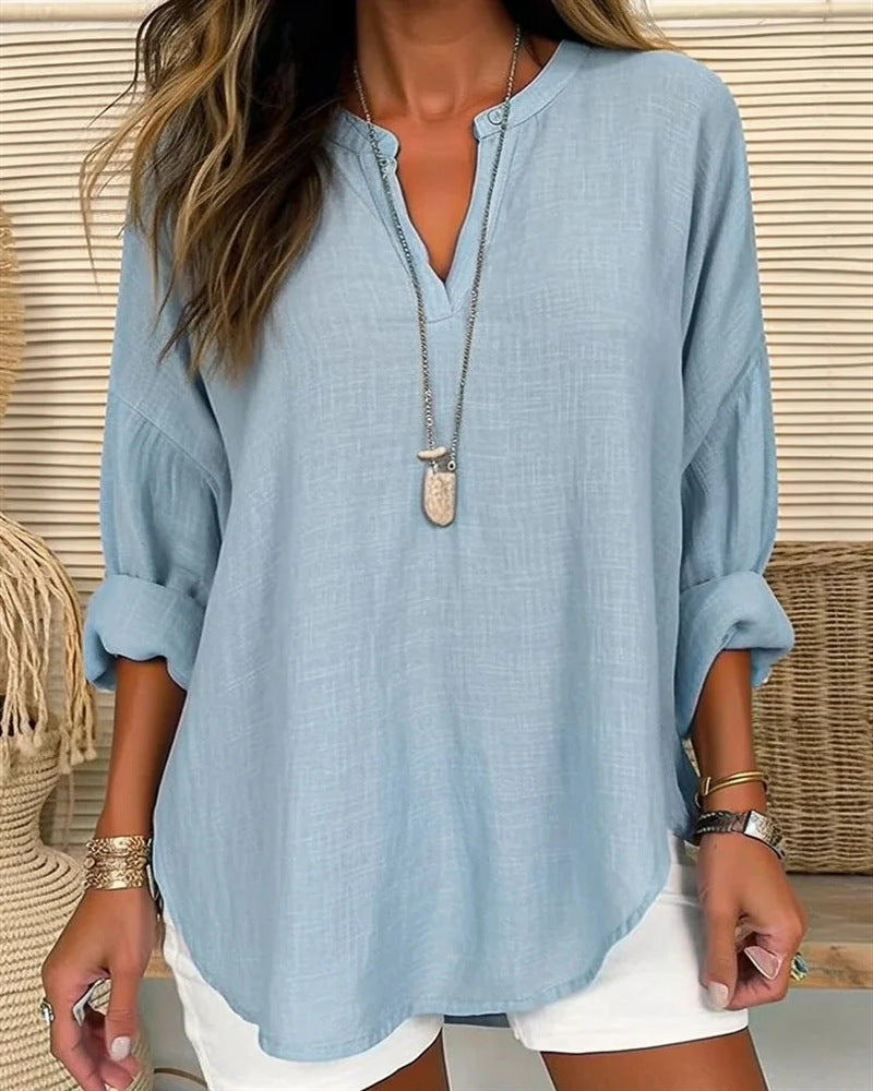 Blusa donna collo alto lino cotone stile casual comodo