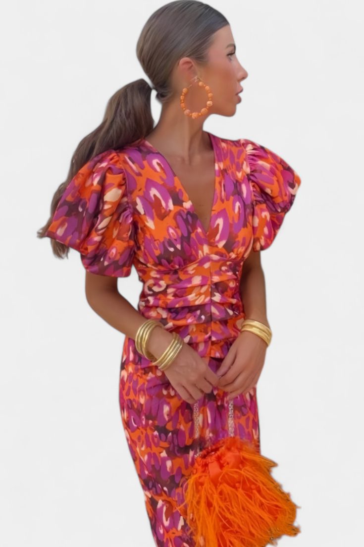 Wibia Vestido Estampado con Fruncido Central y Mangas Volumen