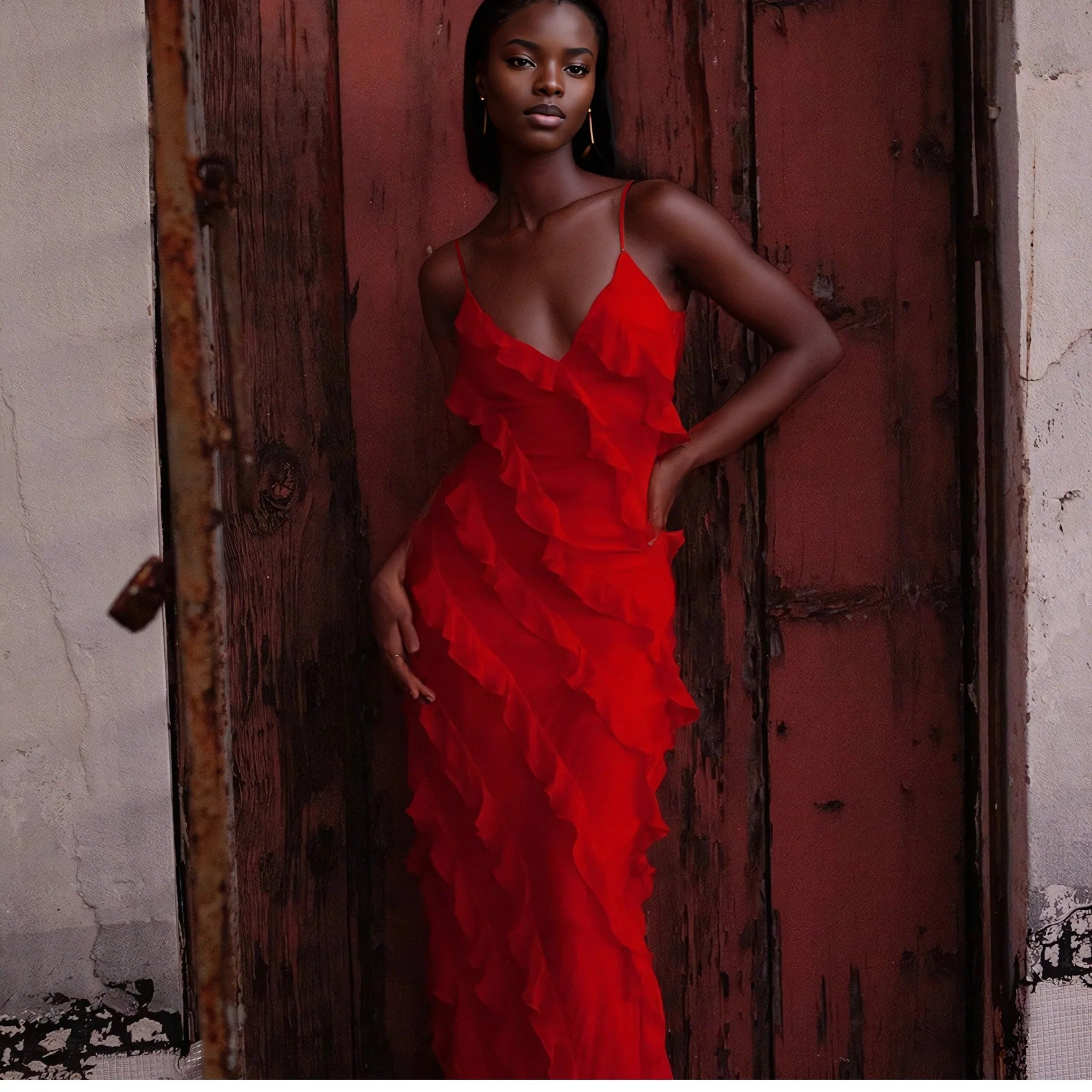 ISADORA  VESTIDO LARGO ELEGANTE CON VOLANTES