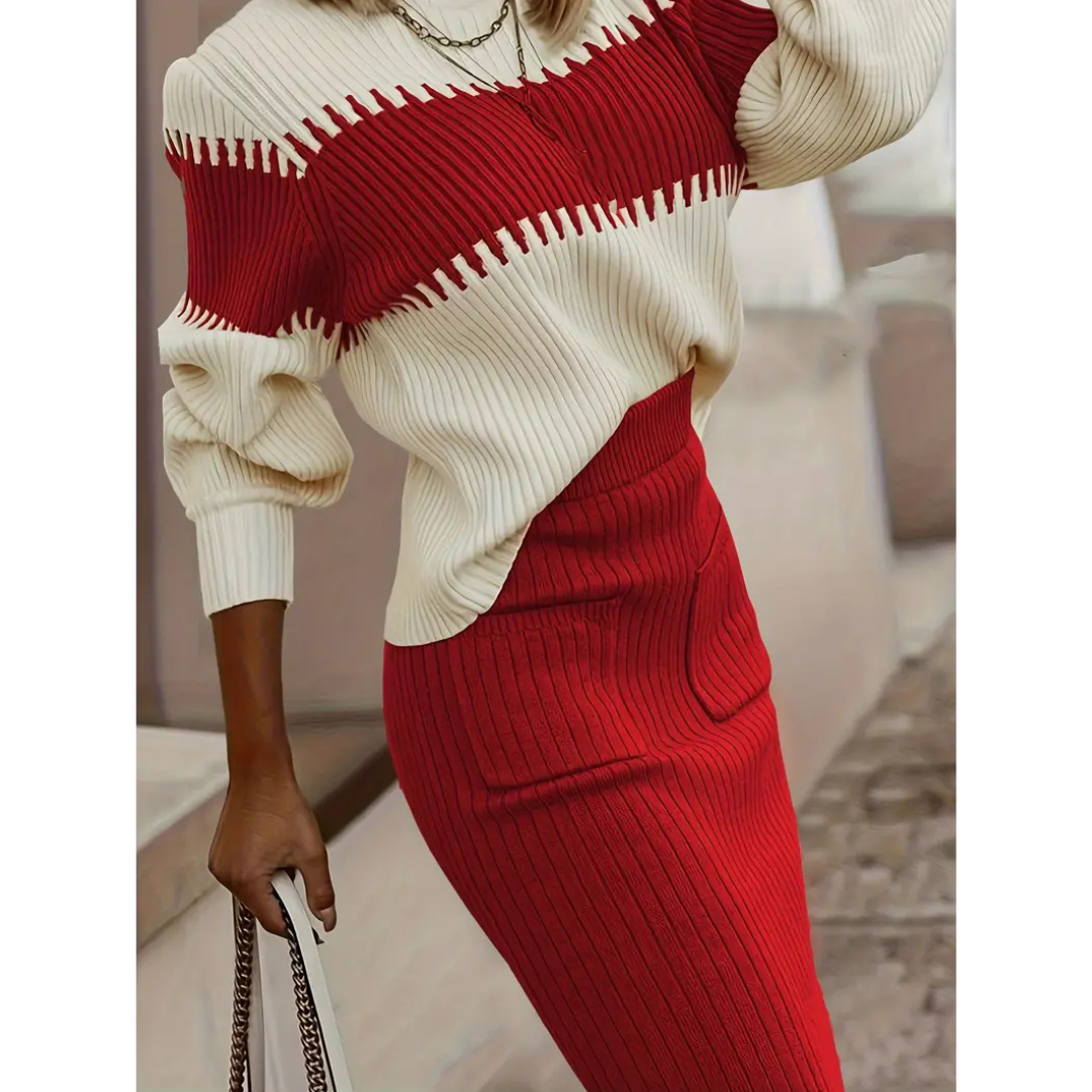 CONJUNTO ELEGANTE DE CUELLO ALTO Y FALDA PARA MUJER CON DISEÑO CÁLIDO