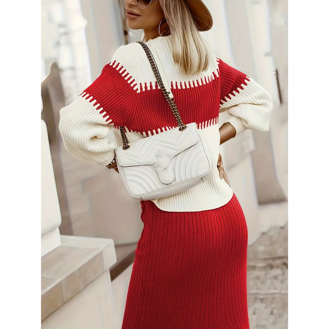 CONJUNTO ELEGANTE DE CUELLO ALTO Y FALDA PARA MUJER CON DISEÑO CÁLIDO
