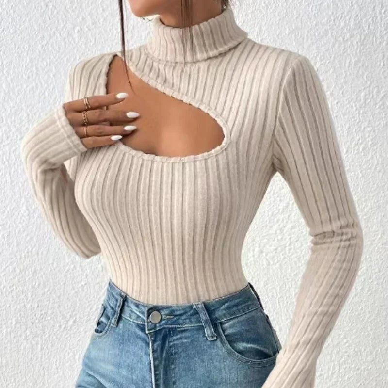 Maglione dolcevita donna a maniche lunghe con petto incavato