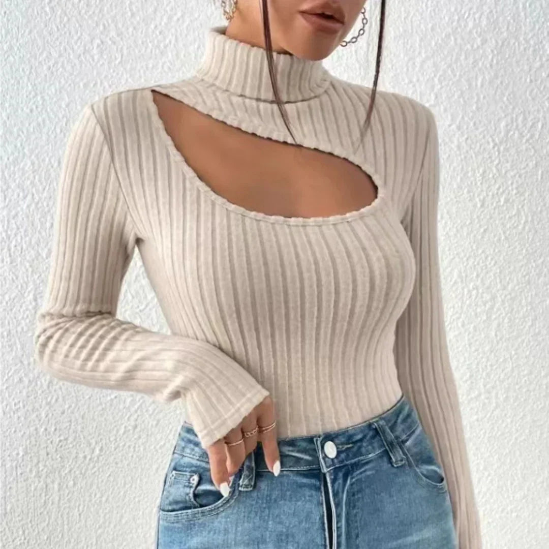 Maglione dolcevita donna a maniche lunghe con petto incavato
