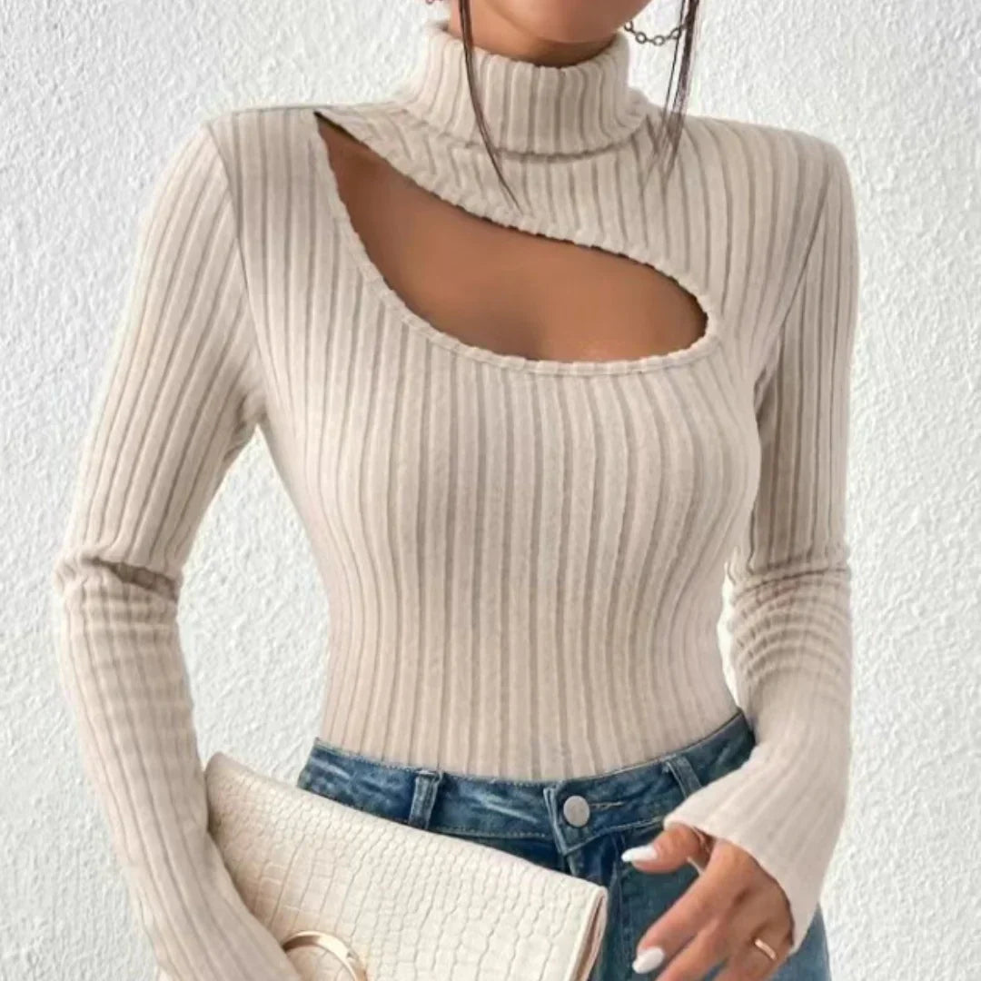 Maglione dolcevita donna a maniche lunghe con petto incavato