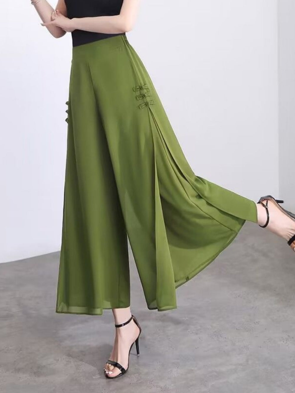 PANTALONES PALAZZO CROPPED DE GASA CON ABERTURA Y DRAPEADO