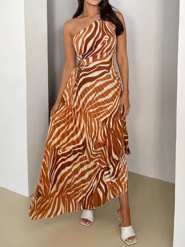 Calantha | Vestido Largo Estampado con Dobladillo Asimétrico