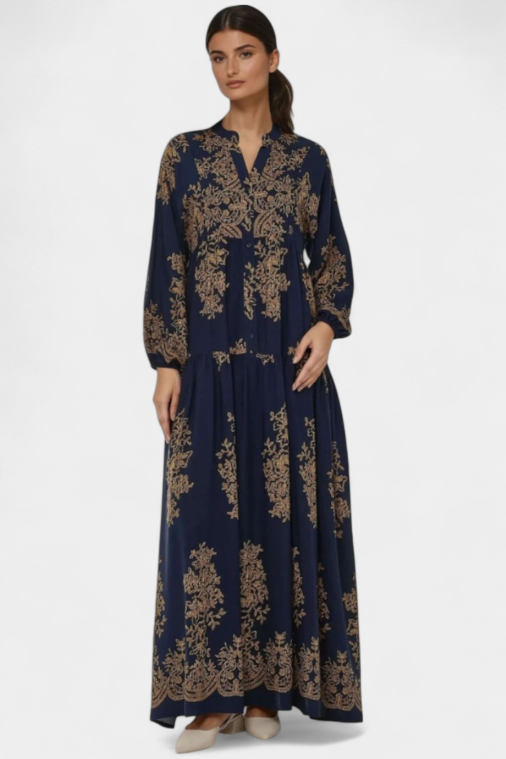 Yaiza Vestido Maxi con Aire Bohemio y Estampado Vintage