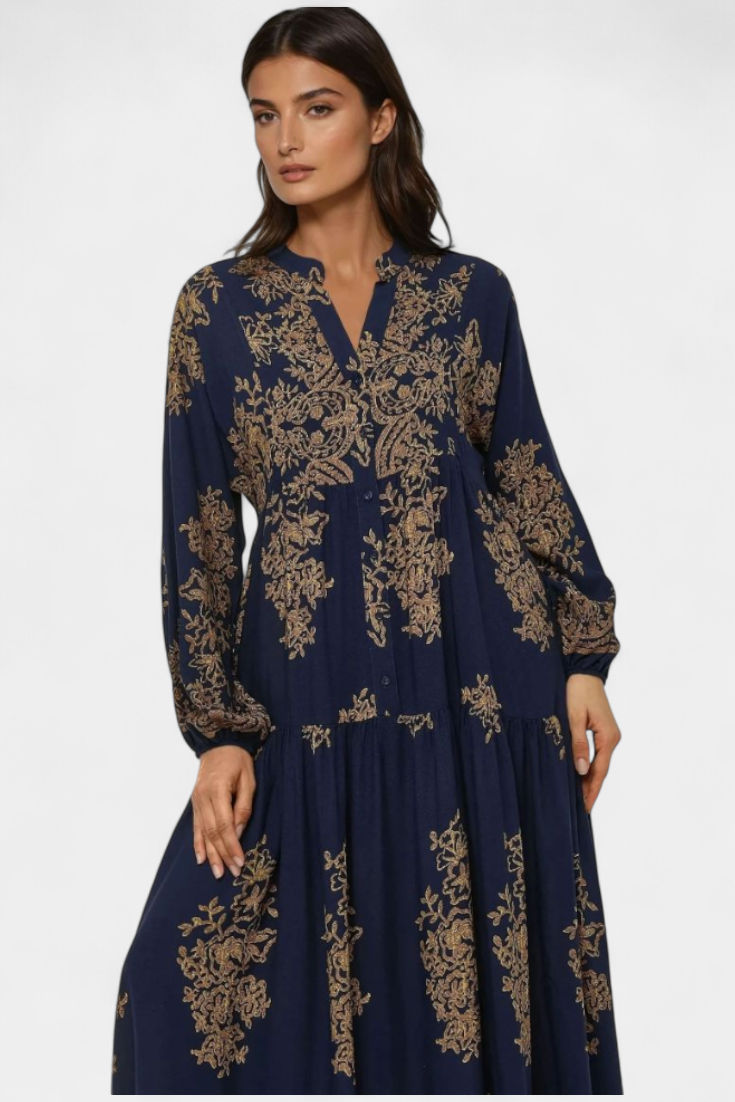 Yaiza Vestido Maxi con Aire Bohemio y Estampado Vintage