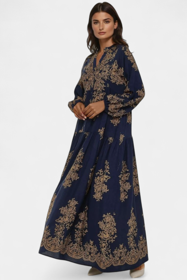 Yaiza Vestido Maxi con Aire Bohemio y Estampado Vintage