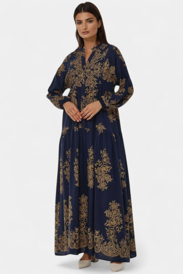 Yaiza Vestido Maxi con Aire Bohemio y Estampado Vintage