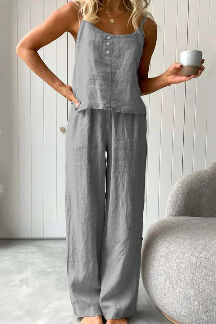 Chloe - Conjunto de pantalón largo de tirantes de algodón de color sólido