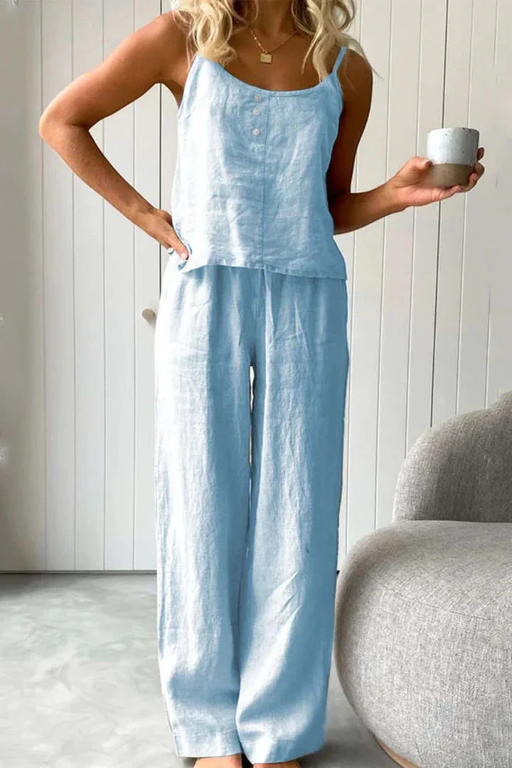 Chloe - Conjunto de pantalón largo de tirantes de algodón de color sólido