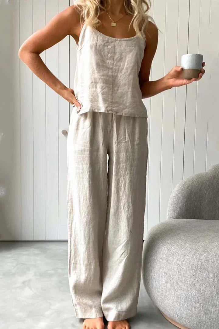 Chloe - Conjunto de pantalón largo de tirantes de algodón de color sólido