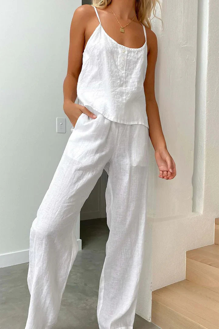 Chloe - Conjunto de pantalón largo de tirantes de algodón de color sólido