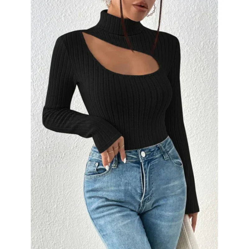 Maglione dolcevita donna a maniche lunghe con petto incavato