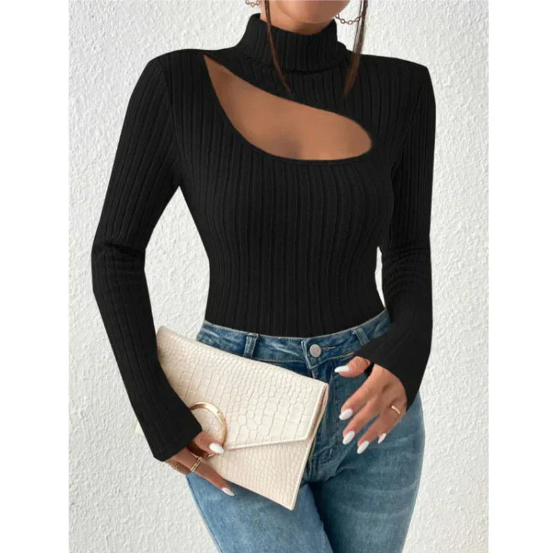 Maglione dolcevita donna a maniche lunghe con petto incavato