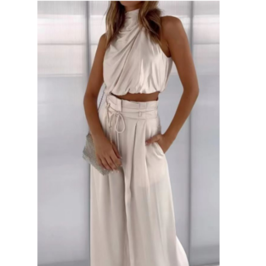 CONJUNTO VERANIEGO PARA MUJER CON TOP DE CUELLO ELEGANTE Y PANTALONES ACAMPANADOS