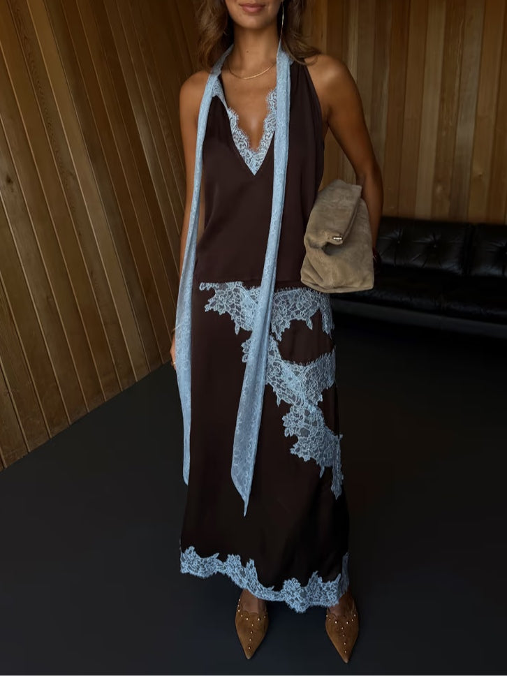 FALDA ELEGANTE BROWN AND BLUE CON ENCAJE