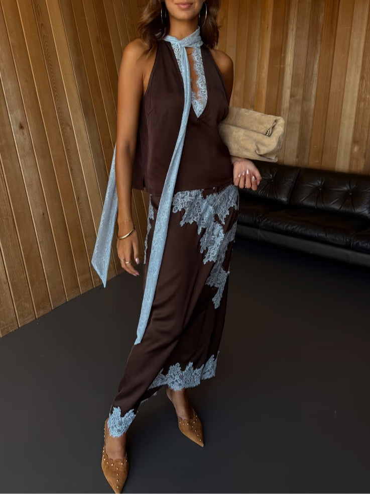 FALDA ELEGANTE BROWN AND BLUE CON ENCAJE