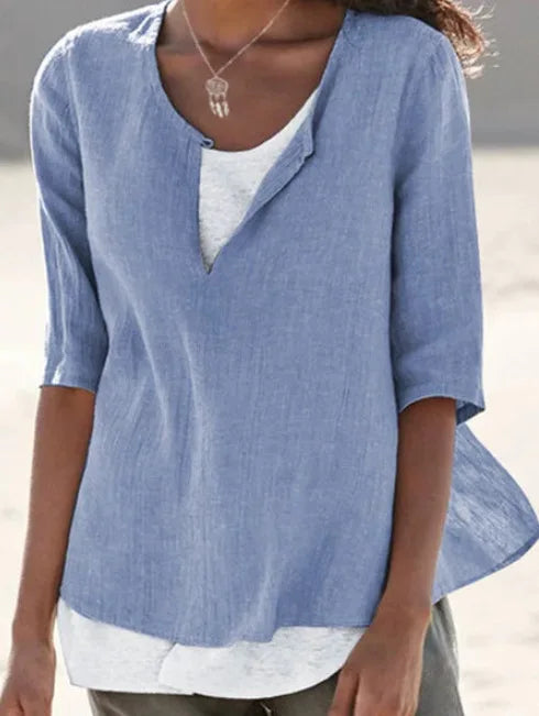 Camicetta elegante da donna in lino bianco con collo a o - Tamera