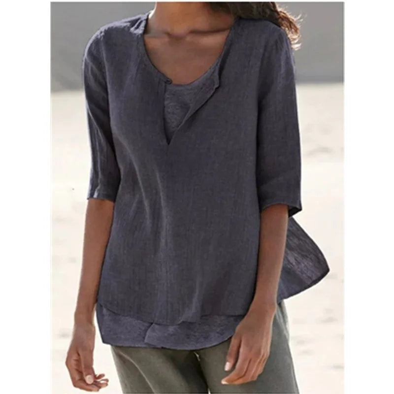 Camicetta elegante da donna in lino bianco con collo a o - Tamera