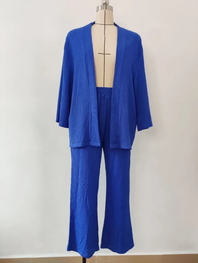 LIA - CONJUNTO 2 PIEZAS MUJER OTOÑO TRAJE SÓLIDO MANGA LARGA TOP SUELTO ABIERTO DELANTERO Y PANTALÓN LARGO PIERNA ANCHA