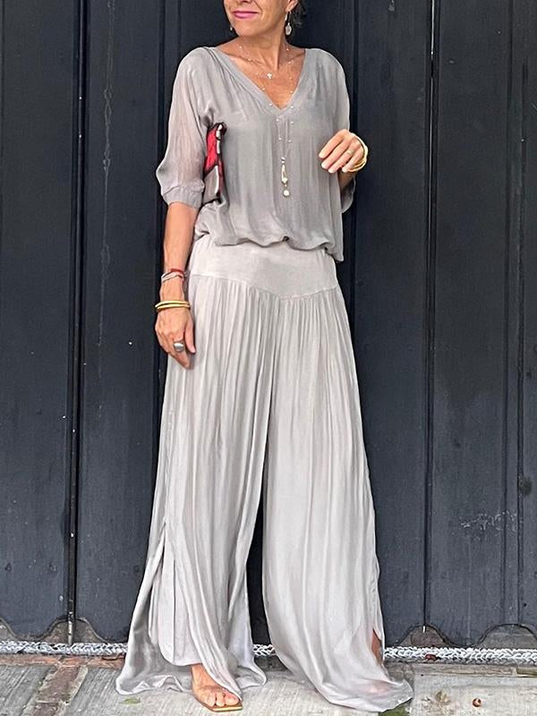 AURA ELEGANTE CONJUNTO DE DOS PIEZAS CON PANTALÓN ANCHO DE GASA
