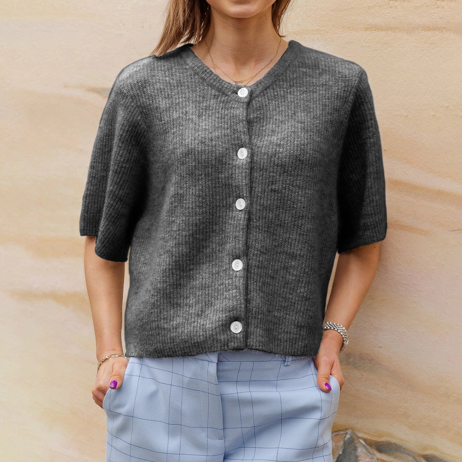 Cardigan donna a maniche corte con scollo rotondo | Ideale per tutte le stagioni