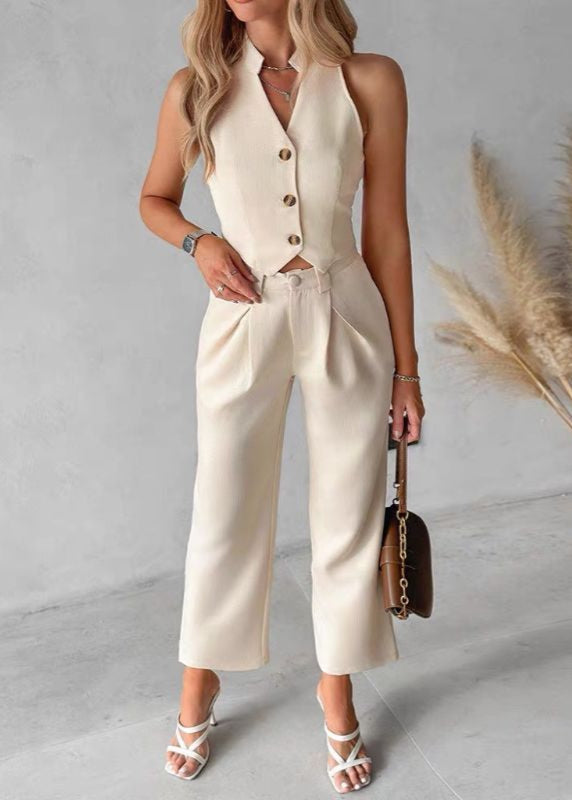CONJUNTO ELEGANTE CON CHALECO CLÁSICO ABOTONADO Y PANTALONES ANCHOS