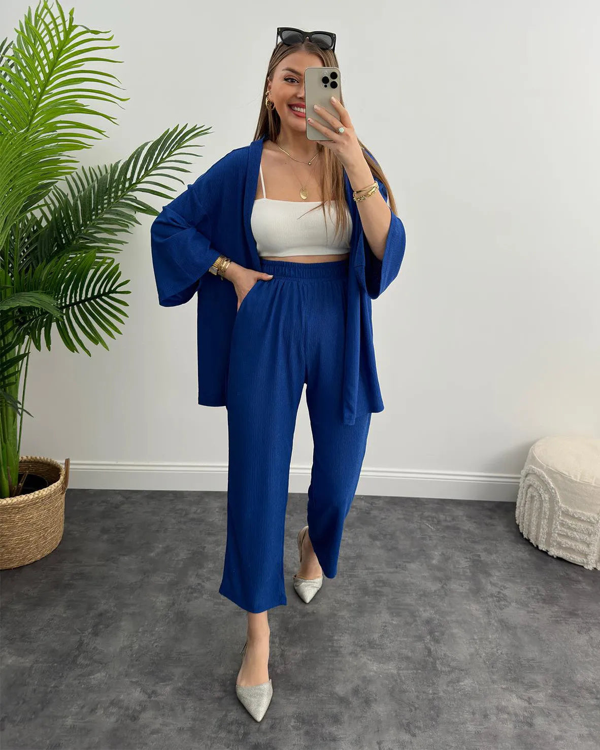 LIA - CONJUNTO 2 PIEZAS MUJER OTOÑO TRAJE SÓLIDO MANGA LARGA TOP SUELTO ABIERTO DELANTERO Y PANTALÓN LARGO PIERNA ANCHA