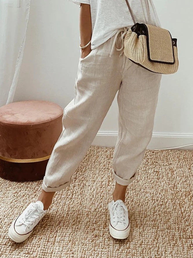 PANTALONES CASUALES LISOS CON CORDÓN Y BOLSILLOS