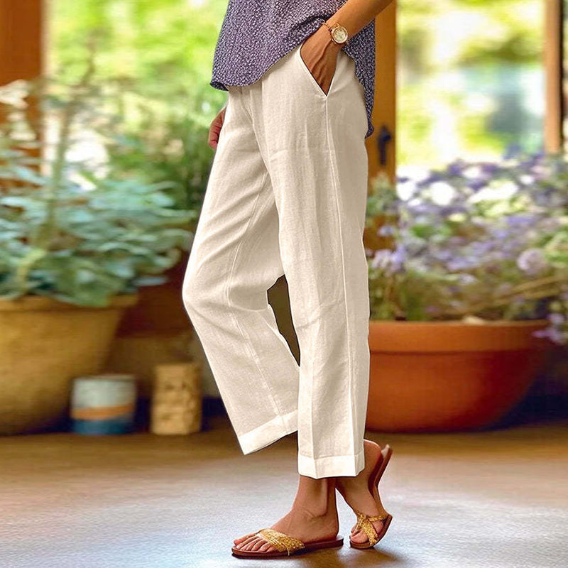 PANTALONES CASUALES LARGOS DE ALGODÓN EN COLOR SÓLIDO