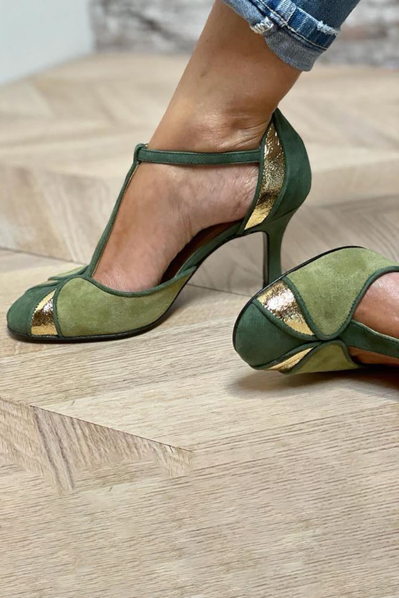 ALONA™ | ZAPATOS DE TACÓN PATCHWORK CON CORREA EN T Y PUNTA CERRADA