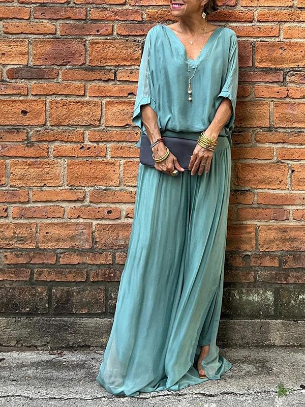 AURA ELEGANTE CONJUNTO DE DOS PIEZAS CON PANTALÓN ANCHO DE GASA