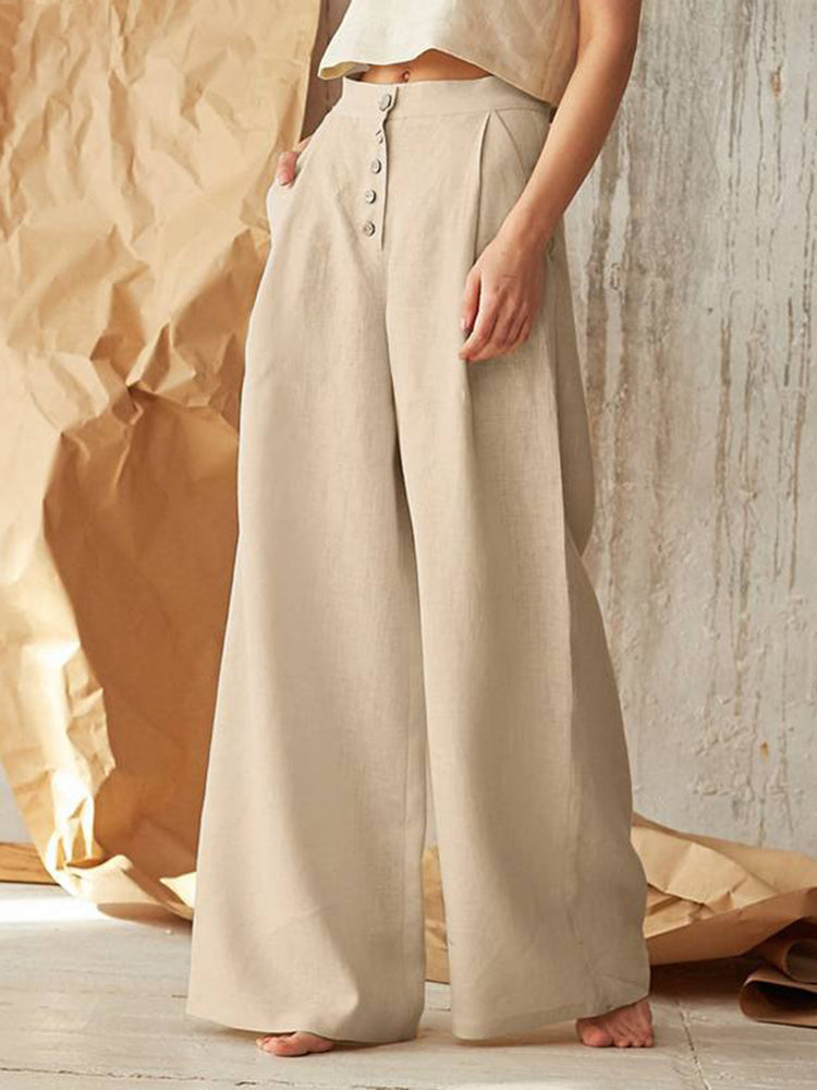 PANTALONES VINTAGE CON BOTONES Y BOLSILLOS EN COLOR SÓLIDO