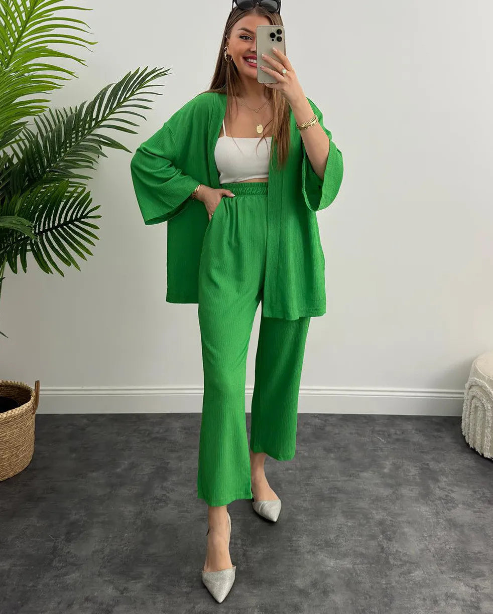 LIA - CONJUNTO 2 PIEZAS MUJER OTOÑO TRAJE SÓLIDO MANGA LARGA TOP SUELTO ABIERTO DELANTERO Y PANTALÓN LARGO PIERNA ANCHA