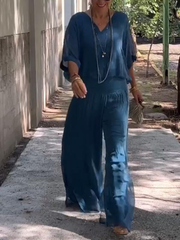 AURA ELEGANTE CONJUNTO DE DOS PIEZAS CON PANTALÓN ANCHO DE GASA