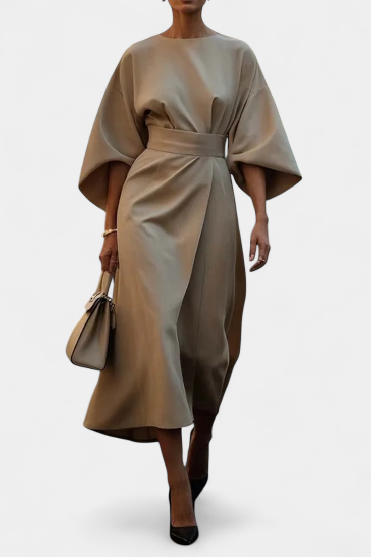 Micaela Vestido Midi con Mangas Lantern y Cintura Ceñida
