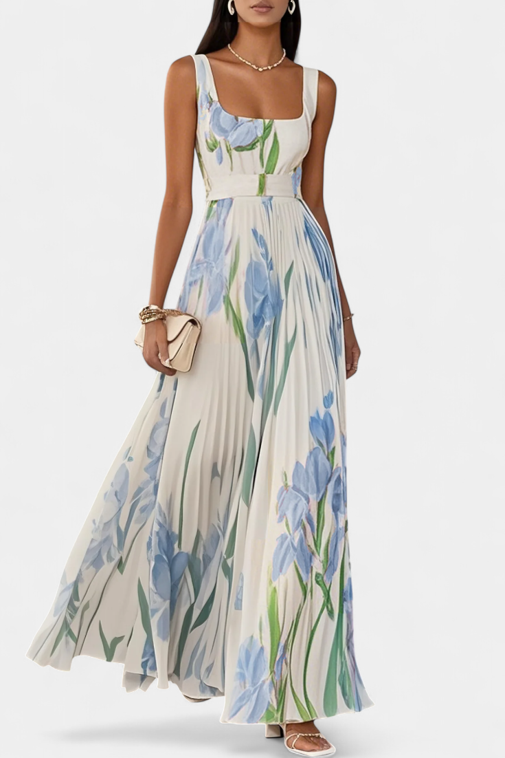 Calanthe Vestido Largo Plisado con Estampado Floral y Escote Cuadrado
