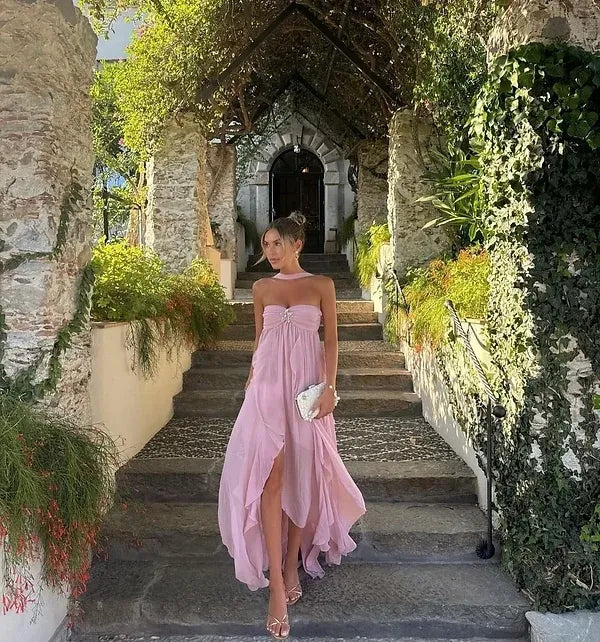 Collins | Vestido Maxi Sin Tirantes con Volantes