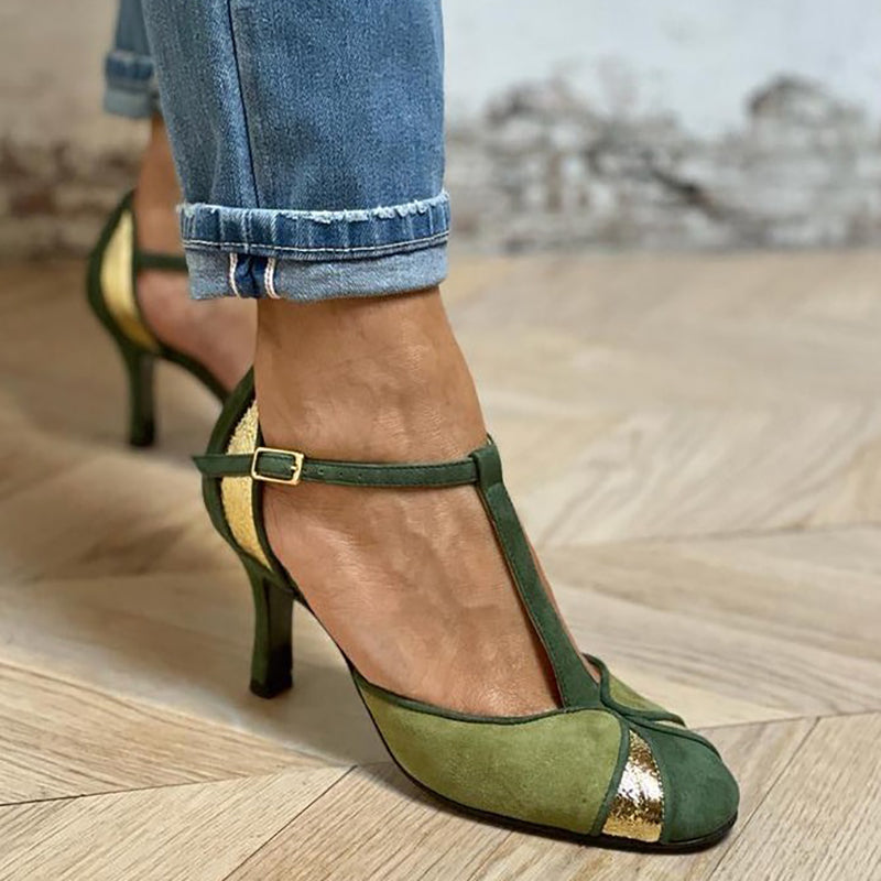 ALONA™ | ZAPATOS DE TACÓN PATCHWORK CON CORREA EN T Y PUNTA CERRADA