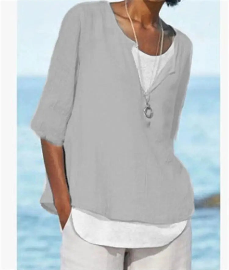 Camicetta elegante da donna in lino bianco con collo a o - Tamera