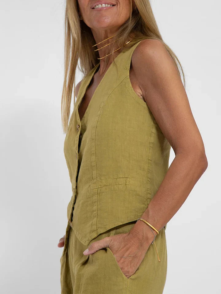 VALERIA TRAJE CASUAL FEMENINO DE DOS PIEZAS EN LINO CON CHALECO