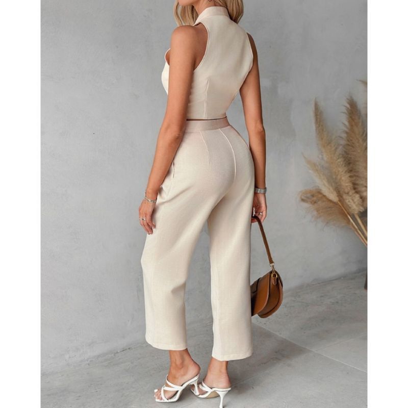 CONJUNTO ELEGANTE CON CHALECO CLÁSICO ABOTONADO Y PANTALONES ANCHOS