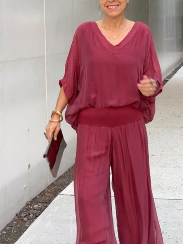 AURA ELEGANTE CONJUNTO DE DOS PIEZAS CON PANTALÓN ANCHO DE GASA