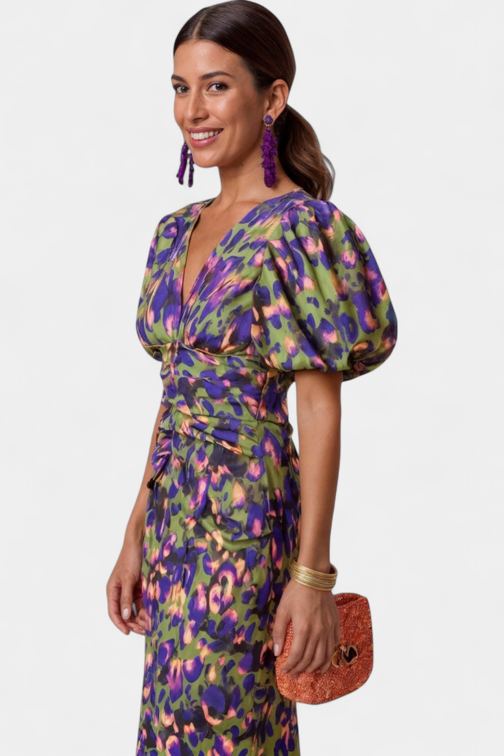 Wibia Vestido Estampado con Fruncido Central y Mangas Volumen