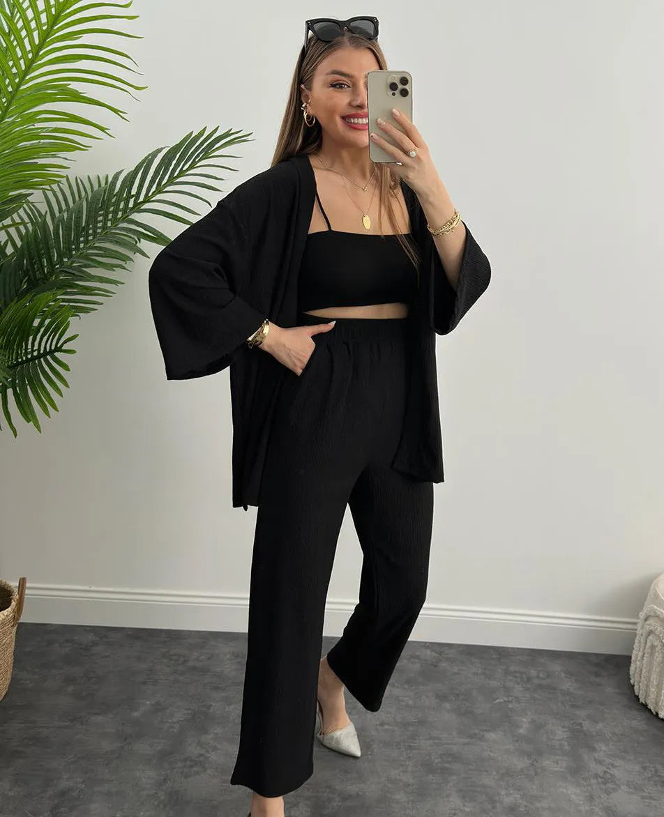 LIA - CONJUNTO 2 PIEZAS MUJER OTOÑO TRAJE SÓLIDO MANGA LARGA TOP SUELTO ABIERTO DELANTERO Y PANTALÓN LARGO PIERNA ANCHA